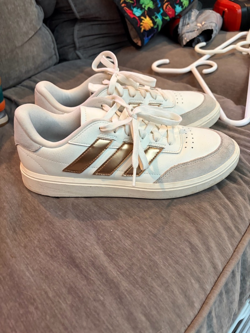adidas White Sneakers with Metallic Gold Stripes